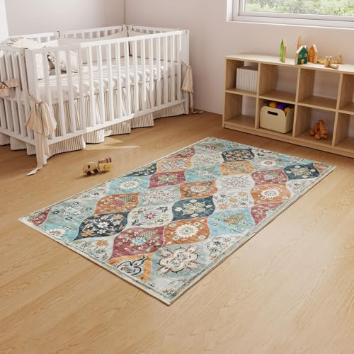 MARLOW Moroccan Area Rug 80x150cm,Ultra-Soft Faux Cashmere & Cotton Carpet, Non-Slip, Machine Washable, Colorful Floor Mat for Living Room, Bedroom, Kids Room, Kitchen