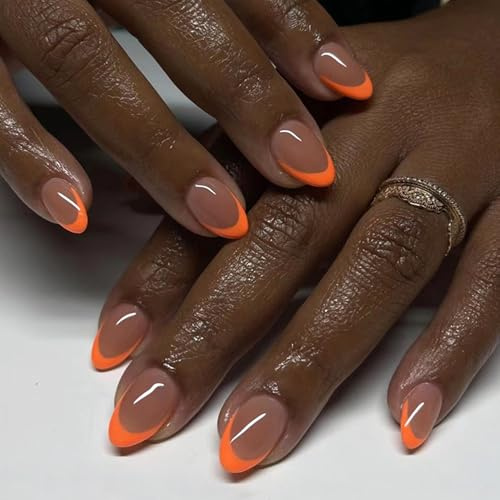 30PCS Almond Press on Nails, Orange Red French False Nail, Glossy Full Cover Stick On Nails for Women, Reusable Nail Art (Orange-Red French)