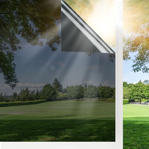 Shackcom Spiegelfolie Selbstklebend Fensterfolie One Way Spiegel Reflektierende Sichtschutzfolie 60x200cm Sonnenschutzfolie 99% Anti-UV Schutz Wärmeisolierung Sonnenschutz Fensterfolie- Schwarzgrau