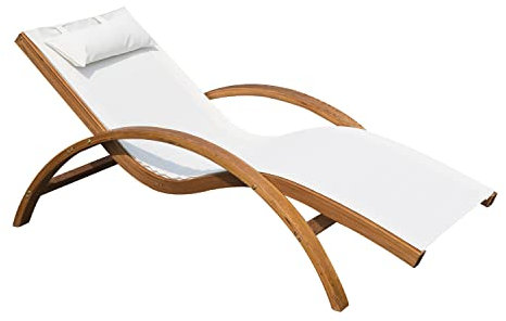 Outsunny Tumbona Tipo Hamaca para Jardín Terraza Playa Piscina o Patio 161x72x68 cm Color Blanco Hecha de Madera Malla y Texteline con Almohadilla