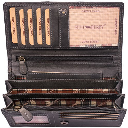 Hill Burry Geldbörse Damen | Echt Leder Portemonnaie mit RFID-Schutz | Frauen Geldbeutel aus echtem Leder | Hochwertige Vintage Langbörse | Damenbörse (Grau)