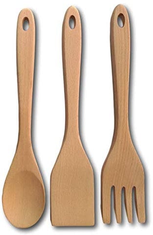 Espátula de madera para cocinar, cuchara de madera, tenedor de madera, utensilio de madera de haya orgánica hecho a mano para cocina, espátulas de madera dura antiadherente natural y juego de cucharas