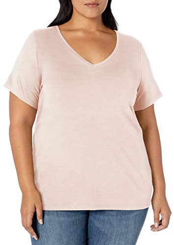 Amazon Essentials T-shirt À Manches Courtes et Col En V, Grande Taille Femme, Rose Clair, 3XL Grande taille