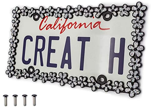 creathome 3D-Nummernschild-Rahmen mit Gänseblümchen-Motiv, aus Reiner Zinklegierung, Perfekter Kennzeichenhalter, Mattschwarz mit silberfarbenem Glitzer