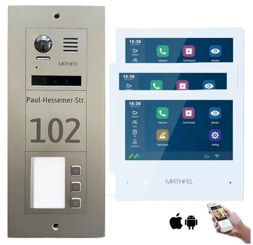 Mathfel 2-Draht-Bus WLAN Video Türsprechanlage, Personalisierte Außenstation inklusive Gravur, ideal für 3 Familienhaus, mit 7'' Monitoren