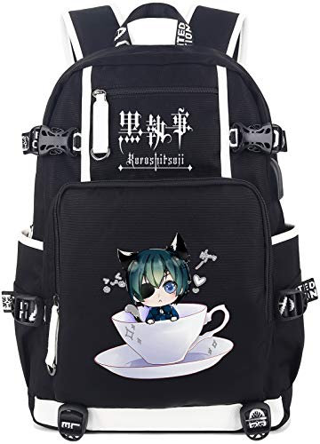 Roffatide Anime Black Butler Rucksack Büchertasche Laptop Schultasche mit USB Ladeanschluss und Kopfhöreranschluss