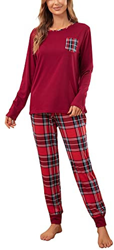 Vlazom Pyjama Femme Hiver Ensemble de Pyjama à Manches Longues Vêtements de Nuit à Carreaux avec Poches pour Noël,A-Rouge,L