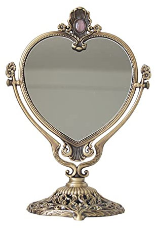 SEHAMANO Vintage Kosmetikspiegel in Herzform mit geprägter Feder, antiker und luxuriöser dekorativer Tischspiegel, Retro-Spiegel mit montierter Perle für Schlafzimmer, Wohnzimmer und Raumdekoration