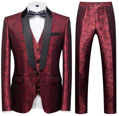 KUDORO Abito da Uomo 3 Pezzi Paisley Slim Fit Abiti da Sposa Abito Elegante Cerimonia Abito da Smoking Blazer Gilet Pantaloni(Rosso,L)