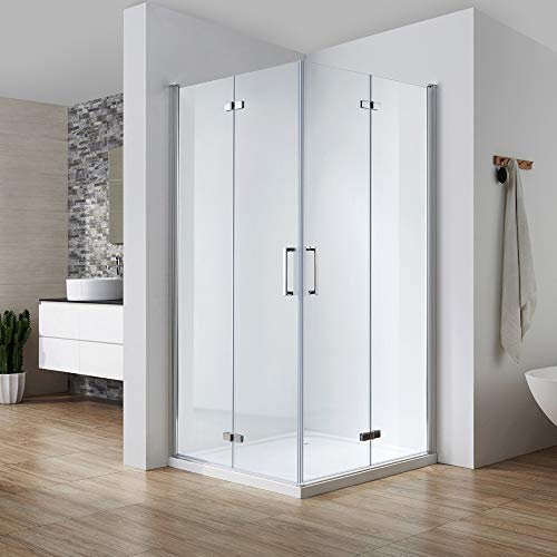 Puerta plegable giratoria de 70 x 80 en esquina, altura 195 cm, puerta plegable 180°, cristal de seguridad de 6 mm con revestimiento de cristal resistente a la suciedad, con mecanismo de doble giro