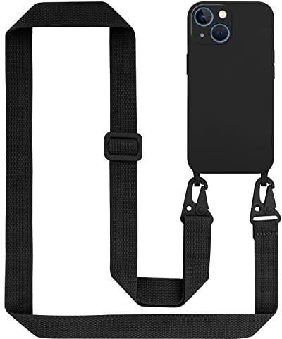 Cadorabo Handykette kompatibel mit Apple iPhone 13 MINI Schutzhülle TPU Liquid Silikon Case Necklace mit verstellbarem Band Kordel Band mit Etui Rundumschutz Case Hülle für iPhone 13 MINI in Schwarz