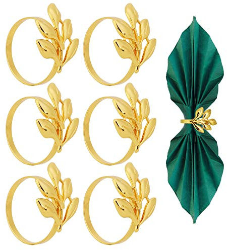 6Piezas Anillos Servilleteros de Metal, Anillos de Servilleta, Servilleteros de Hoja Aro de Servilleta Hebilla decoración de Mesa para Bodas, Navidad, Reuniones Familiares, Cenas(Dorado)