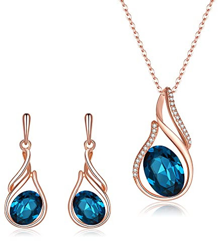 Clearine Austrian Crystal Flower Bud Teardrop Pendant Necklace Earrings Set Wedding/Birthday/Valentine's Day/Christmas/Mother's Day Jewellery Gift for Women Sapphire Colour Rose-Gold-Tone