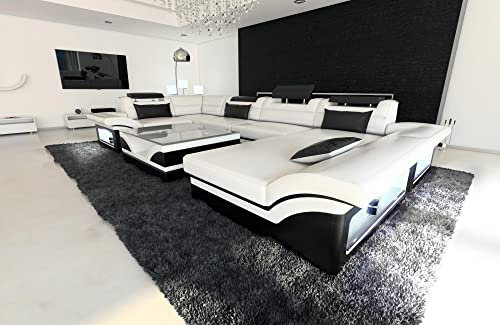 Wohnlandschaft Enzo U Form Sofa Leder- mit LED Beleuchtung, verstellbare Kopfstützen, Recamiere/Lederfarben wählbar/Ausrichtung Ottomane wählbar (Ottomane rechts, Weiß-Schwarz)