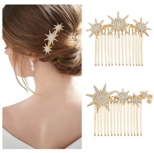 2 Stück Steckkämme für die Haare Stern Legierung Strass Haar Seitenkämme Strass Kopfschmuck Braut Hochzeit Haarkamm Kristall Haarschmuck für Damen und Mädchen Geschenk 15 Zähne 7.3cm (Gold)