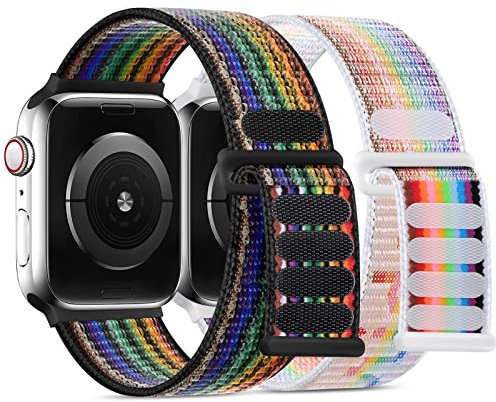 WJK Compatible with Apple Watch SE Band Women Men, Stretchy Sport Nylon Pride Rainbow Strap Compatible with Apple Watch Band 38mm 40mm 41mm 42mm 44mm 45mm for iWatch Ultra ultra2 Bands Series 9 8 7 6
