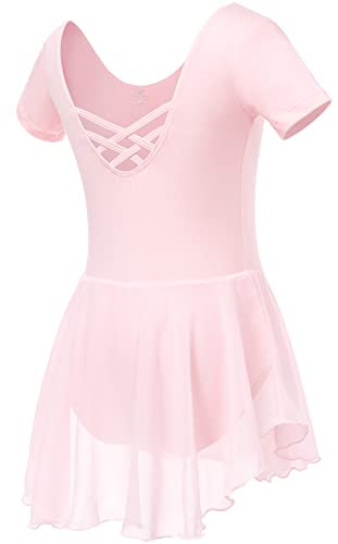 Soudittur Vestito Costume da Balletto Manica Corta Body Danza Classica Ginnastica Artistica Balletto Leotard con Chiffon Gonna per Bambina e Ragazze (130, Rosa)