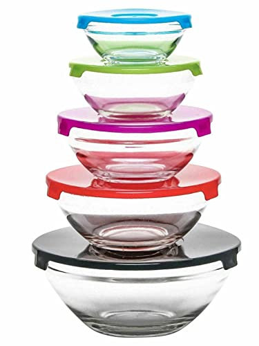MantraRaj 5pc Glass Storage Bowl Set with Colour Lids Food Container Microwave Dishwasher Freezer Safe | Dessert Bowls, Salad Bowls, Freshbox, Glass Serving Bowls, Stackable Glass Food Storage