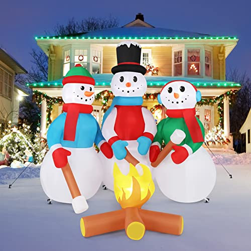 Bonnlo Lighted Inflatable Christmas Snowman Outdoor Decorations with Campfire, 6ft Tall Christmas Blow Up Snowman Family Yard Decoration with Secure Stakes, Electric Blower Fan for Indoor Garden Decor