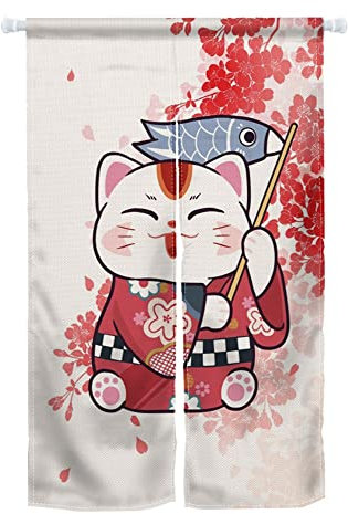 ChloropLastid Türvorhang mit roter Glückskatze und Fisch, Noren, japanischer Sakura, Noren, japanischer chinesischer Stil, Türvorhang für Eingang, Feng Shui, Türvorhang für Küche, Heimdekoration, 85,1