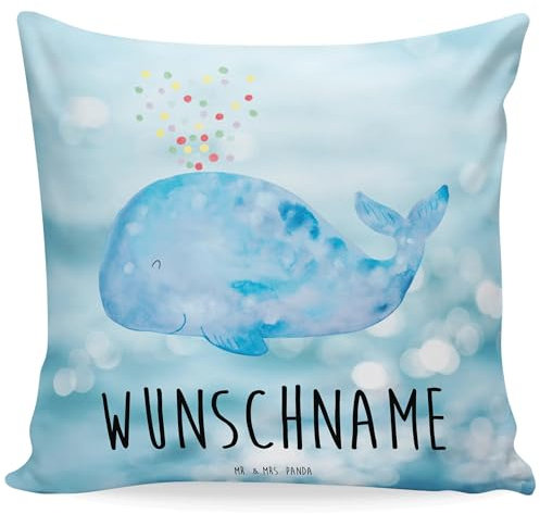 Mr. & Mrs. Panda Personalisiertes Kissen Wal Konfetti - Personalisierte Geschenke, Name, Meerestiere, Lebensabschnitt, Bedrucken, Kopfkissen, Urlaub,