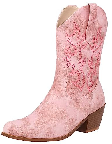 rismart Donna Western Stivali da Cowboy a Metà Polpaccio Ricamate Scarpe da Cowgirl Rosa,40