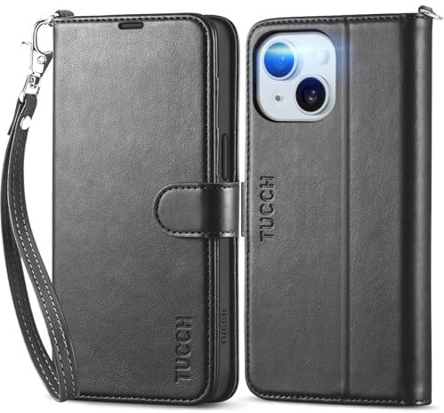 TUCCH Case for iPhone 15 (6.1) 2023, Magnetic PU Leather Wallet Folding Case with Wrist Strap, RFID Blocking Protection, Credit Card Holder, Shockproof TPU, Stand Folio Cover for Women Men, Black