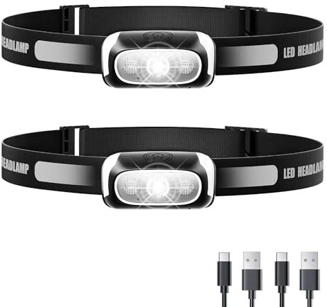 Daining Stirnlampe LED, 2 Stück Leichtgewicht Kopflampe, Superhell USB Wiederaufladbar Wasserdicht Stirnleuchte für Outdoor Camping, Joggen, Fischen, Laufen, Reparieren, Wandern, Lesen