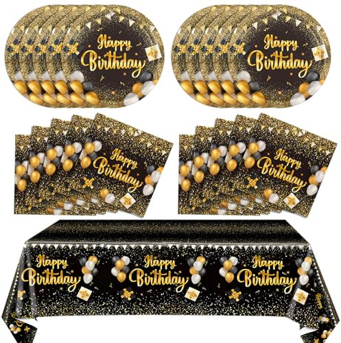Black and Gold Birthday Decorations Black and Gold Birthday Tableware Set Party Supplies Includes Black Gold Table Cloth Cover Paper Plates Napkins for Birthday Party Decoration Supplies