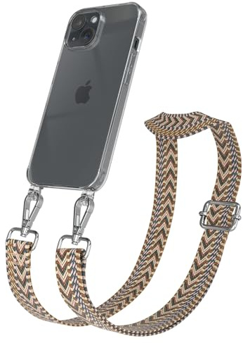 EAZY CASE Handykette - Verstellbares Taschenband kompatibel mit iPhone 15, Schulterriemen, Handykordel mit Silikon Hülle, Umhängetasche, Braun Silber