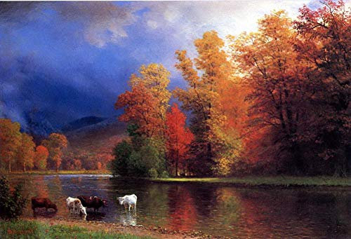 Toperfect Ölgemälde handgefertigt €50-€2000 von Hochschullehrern, Am Flussufer, Albert Bierstadt, Stiere, Rinder, rote Bäume, Herbstlandschaft, Wandkunst auf Leinwand, handgemalte berühmte Gemälde -1