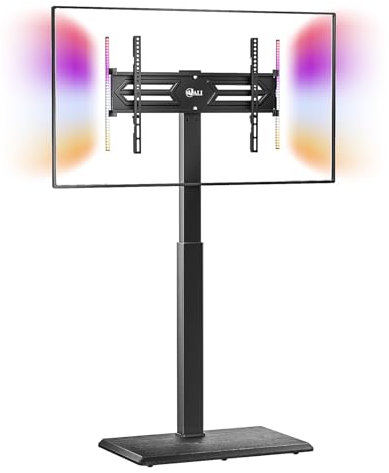 WALI Soporte de suelo para TV con luces LED para televisores de 32 a 75 pulgadas de hasta 110 libras, soporte universal de suelo para TV, giratorio y altura ajustable con base de madera para sala de