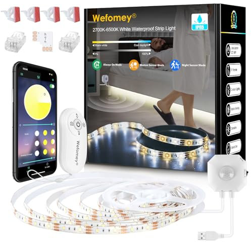 Wefomey LED Strip Light 3M, Dimmable Warm White Daylight Cool 2700K-6500K 5V Tunable White LED Strip with Motion Sensor, IP65 Strip Lights Waterproof for Bathroom, Kitchen, Garden Decoration