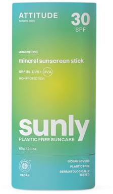 ATTITUDE Mineral Sunscreen Stick with Zinc Oxide, SPF 30, EWG Verified, Plastic-Free, Broad Spectrum UVA/UVB Protection, Dermatologically Tested, Vegan, Unscented, 60g