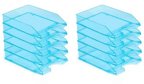 Tradineur - Pack de 10 bandejas apilables de Oficina, plástico Transparente, Organizador Documentos A4, revistas, folletos, sobremesa, Escritorio, Fabricado en España (Azul - 35 x 25,5 x 6,5 cm)