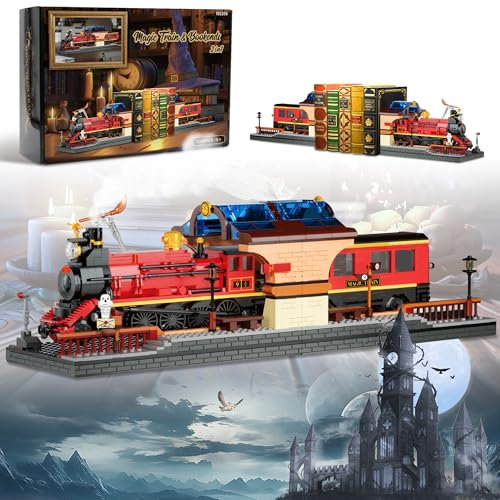 AKWME Kit de construction 2 en 1 - Train magique et serre-livres - Jouet décoratif pour la maison - Kit de collection et d'exposition idéal pour adultes et enfants - Organiseur de bibliothèque cool et