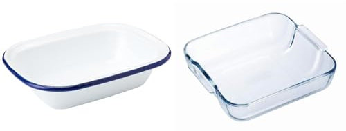 Zenker Enamel Large Pie Dish, Vintage Design, Suitable for Oven and Stove, Dishwasher Safe, Tray, Tin, Dimensions, 26x19.5x6cm, Colour, White, Blue, 687541 & Pyrex Glass Square Roaster, 25 x 21cm