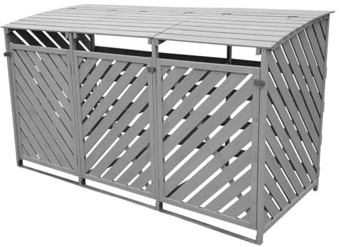 Triple Wheelie Bin Storage House – Weather Resistant Wooden Outdoor Garden Recycling or Waste Dustbin Store Hideaway Cover Shed with Hinged Lid & Front Doors – H122 x W219.5 x D92cm, Grey