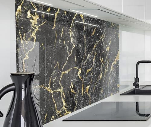 timalo Herd Spritzschutz Wand Spüle, Küche Küchenrückwand Glasoptik | Acryl Glas 2mm | Glasrückwand Acrylglas Küchenpaneele Rückwandschutz Platte | 160x50cm Schwarzer Marmor mit Gold