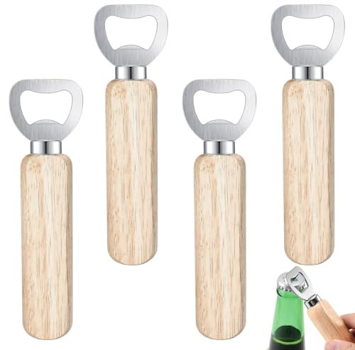 Apribottiglie Birra, 4 Pezzi Apribottiglie con Manico in Legno, Cavatappi Birra Stappa Bottiglie Birra Gadget Birra Regalo per Uomo Regali per Casa Nuova