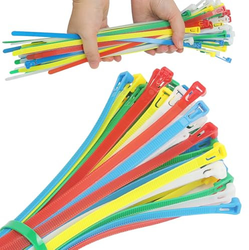 Set di Fascette in Nylon Colorato, 100 Fascette Plastica Riutilizzabili, Fascette Plastica Multi, Fascette Elettricista Stringicavo Colorate 300x8mm, Fascette Autobloccanti per Casa Ufficio Giardino