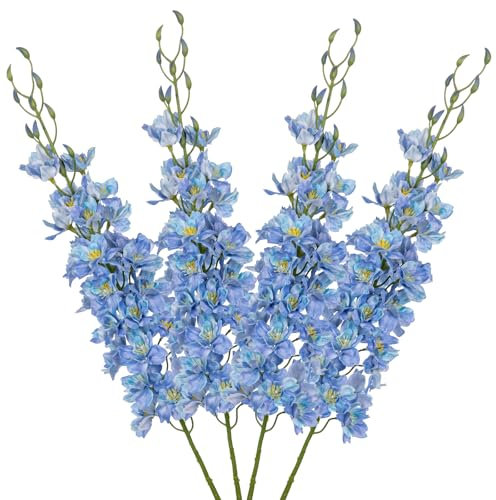 Briful 4er Set Künstliche Delphinium Kunstblumen Wie Echt Blaue Dekoblumen Rittersporn mit Langen Stielen Seidenblumen für Blumengesteck Home Hochzeit Dekoration