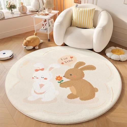 Rund Kinderteppich Niedriger Flor Krabbelteppich Waschbarer Kinderzimmerteppich Jungen Schlafzimmer Pädagogischer Kinderzimmer Größe Teppiche für Junge Mädchen Rosa Kaninchen (Creme, 120x120cm)