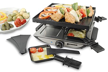 Swissmar Geneva Raclette 4 Personen, Raclette Grill mit Pfännchen und Schiebern, Mini Raclette-Grill mit antihaftbeschichteter Grillplatte und 4 Raclette Pfännchen, 800W