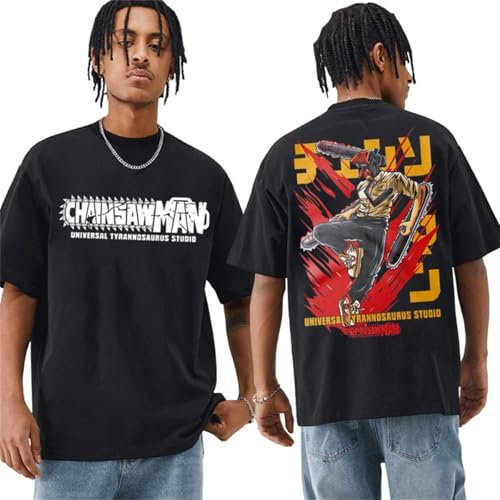 Kinsea T-Shirt for Men Short Sleeve Round Neck, Chainsaw Man Manga Tshirt Print Tees Tops Black-XXL