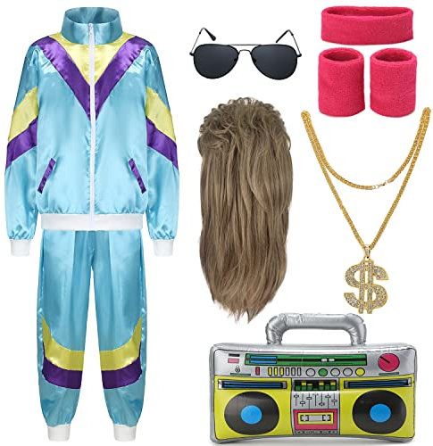 FOVER 80er Jahre Outfit Herren Damen 80er 90er Kostüm Trainingsanzug Pop Art Retro Stil Zubehör set mit 80er Perücke Aufblasbares Radio Sonnenbrille Halskette Schweißband Mottoparty Blau FR009XXLA
