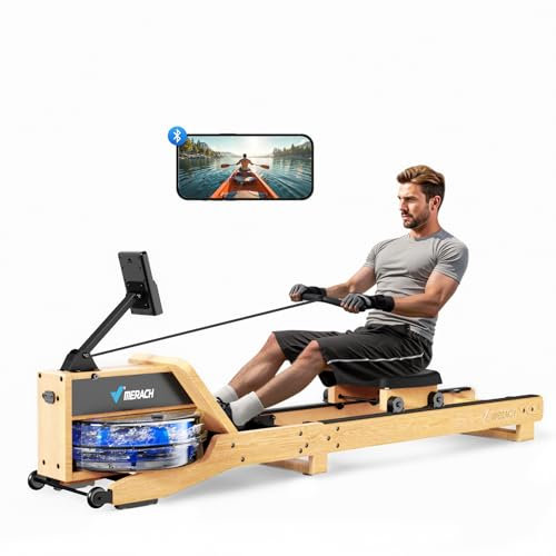 MERACH Wasser Rudergerät Holz Klappbar, Gummibaummaterial & komfortabler Sitz, mit exklusiver APP mit interaktiven Karten Spiel, immersives Rudererlebnis, Ideal für Heimfitness