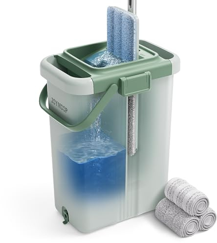 JOYMOOP Mop and Bucket Set - Mops for Floor Cleaning & Wall Cleaner with Long Handle, Include 3 Microfiber Mop Pads - Green Bucket (X-Large)