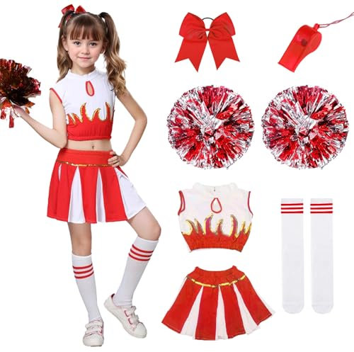HUIKUANGEU Cheerleader Kostüm Kinder,Cheerleadering Outfit Mädchen,Kinderkostüm Cheerleader,Cheerleader Outfit,Cheerleading Kleid Cheer Uniformen mit Pompons,für Karneval,Fasching,Mottoparty