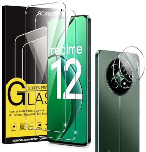 Coiwxmoi 2 Pièces Verre Trempé pour Realme 12 / Realme 12x 5G + 2 Pièces Caméra Protecteur, Ultra Résistant Film Protection écran, Dureté 9H Glass, Sans Bulles D'air, HD Transparent Vitre Protection